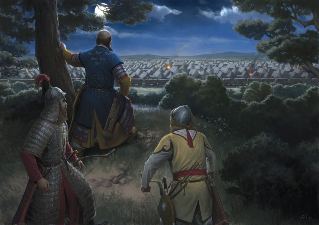 Imagen de Subotai observando a los soldados h&uacute;ngaros acampados en la aldea de Mohi