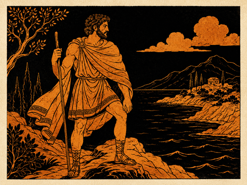 Ilustración de Odiseo contemplando la costa de Ítaca